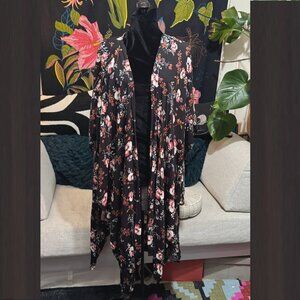 KNOX ROSE Bohemian Floral Print Midi Kimono, Black Multi, Medium/Large